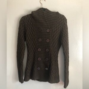 Brown Cardigan with Ribbed Knit Design double breasted and hoodie